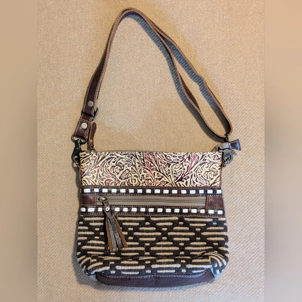 Myra Bag Boho Cotton Carve Leather Crossbody Purse Bag
